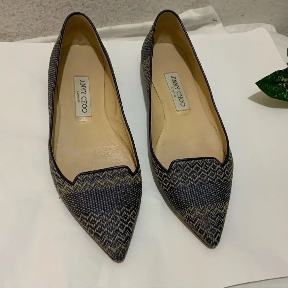 Jimmy Choo Attila Pointed Toe Blue Woven Smokin Flats 38.5 US Size 8.5